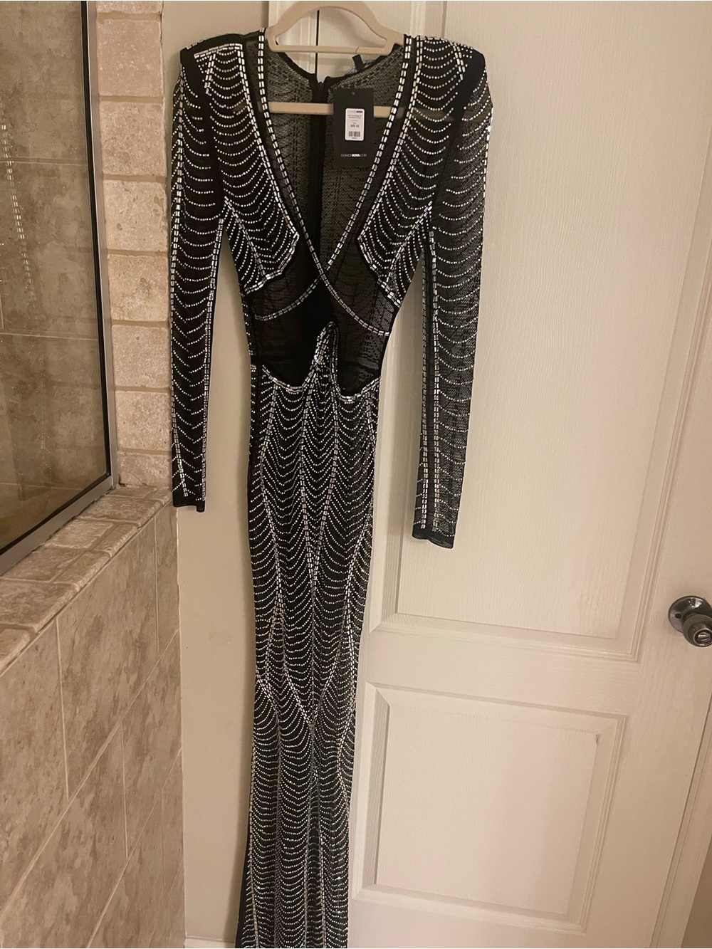 Fashion Nova Black Long Sleeve Sequin Mesh Gown